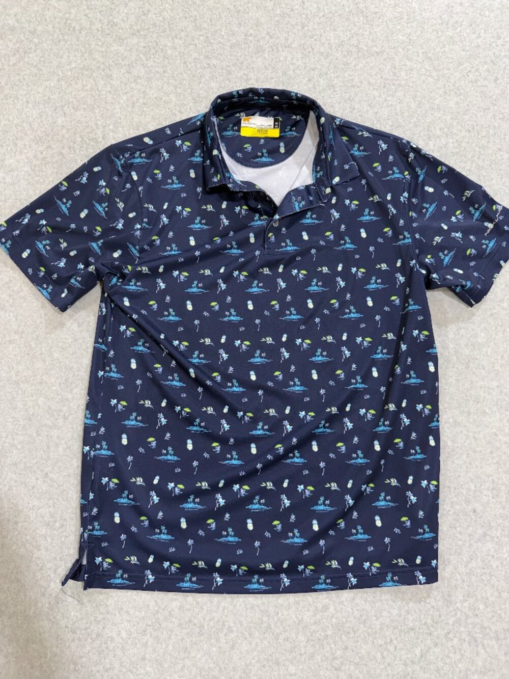 Jack Nicklaus Eco Choice Mens Medium Golf Polo Navy Blue Palm Pineapple Stretch